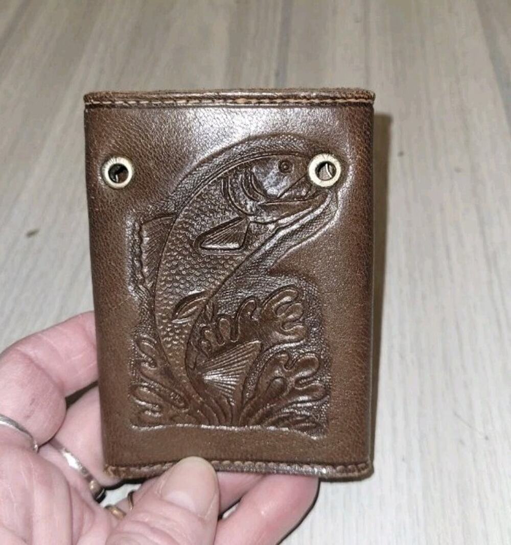 Vtg Mens Tooled Leather Bass Fish Key Case Brown 7 Key Chain Wallet Mexico